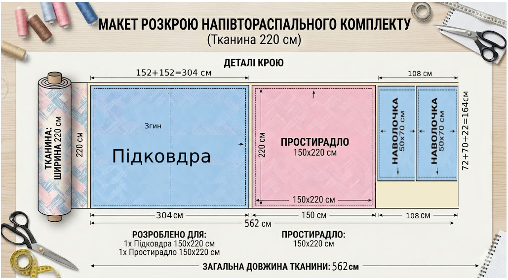Розкрій тканини на полуторний комплект